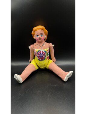 Handcrafted Papier-Mâché Lupita Doll Yellow Outfit Sequin Accents Folk Art Style